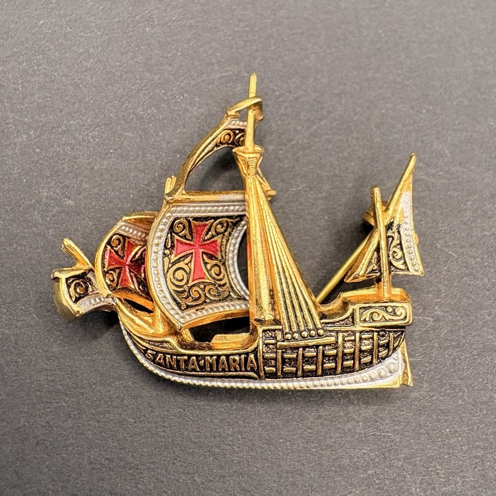 Vintage Damascene Santa Maria Ship Boat Brooch‎ Made in Spain Retro